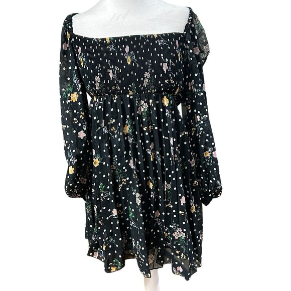 ASOS Design Black Floral Long Sleeve Off‎ Shoulder Boho Dress Sz 12 - Picture 1 of 6